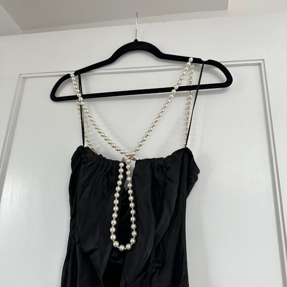 NWT Retrofête Electra Sexy Black Long Dress Pearl Straps Cowl Neckline Low Back - Picture 8 of 11